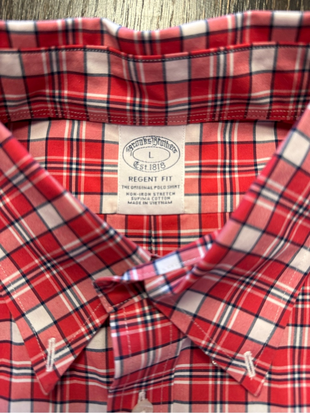 Brooks Brothers Regent L Red White Plaid Non-Iron Supima Button-Down Shirt - Picture 6 of 9